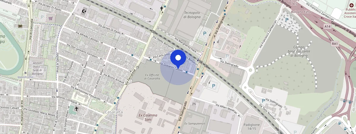 Mappa della zona della sede N.G. Service in via Giovanni Casoni 14 a Bologna